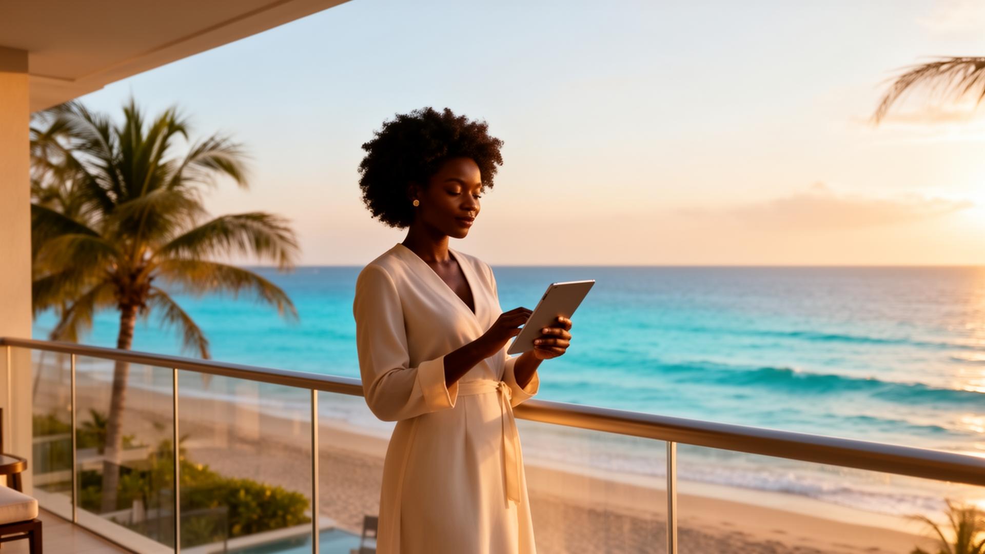 Travel entrepreneur reviewing her business on a beachfront balcony